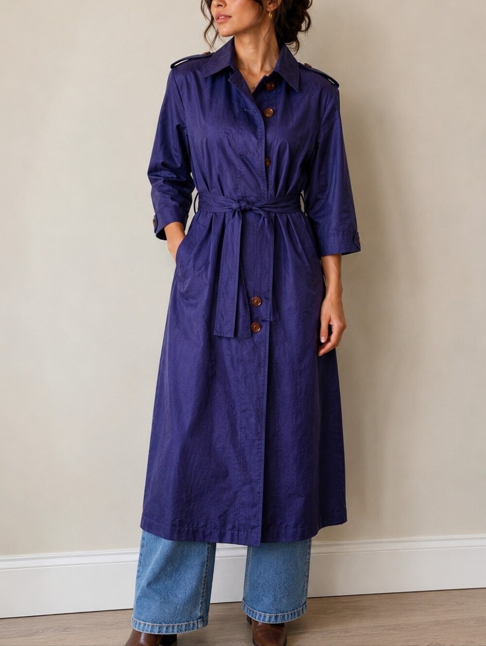 Vintage 80s Indigo Purple Long Belted Trench Coat Structured 90s Old Money M/L